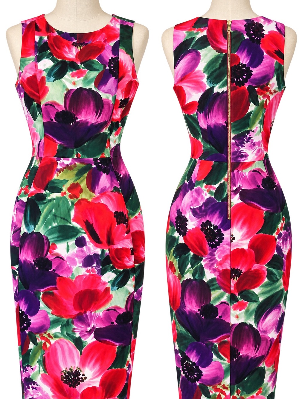 Calvin Klein Collection Sleeveless Floral Sheath Dress in Red, Purple & Green